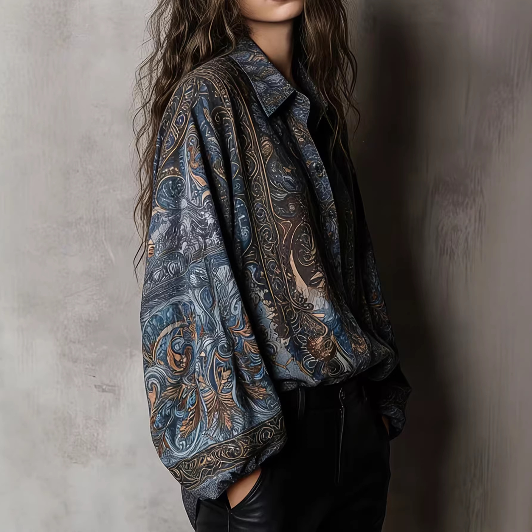  V-neck print loose fleshy high vintage long sleeve top