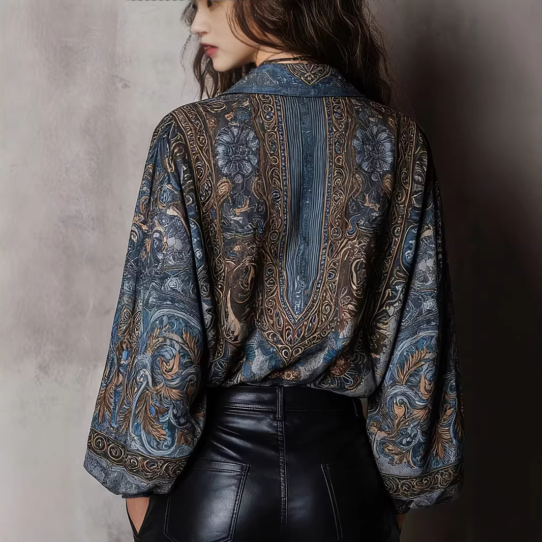 V-neck print loose fleshy high vintage long sleeve top