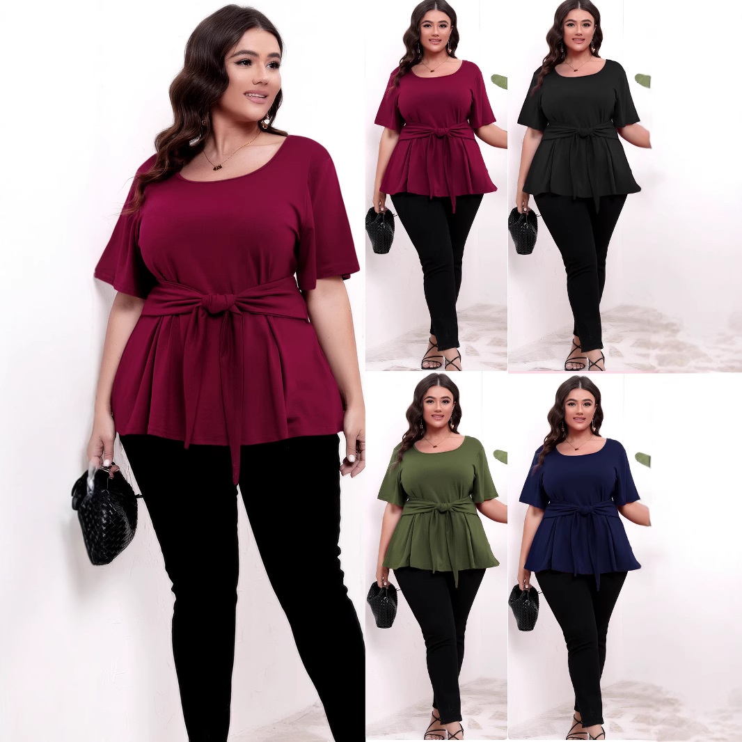 Cross-border plus size women's clothing simple short-sleeved round neck belt slimming tops T-shirts