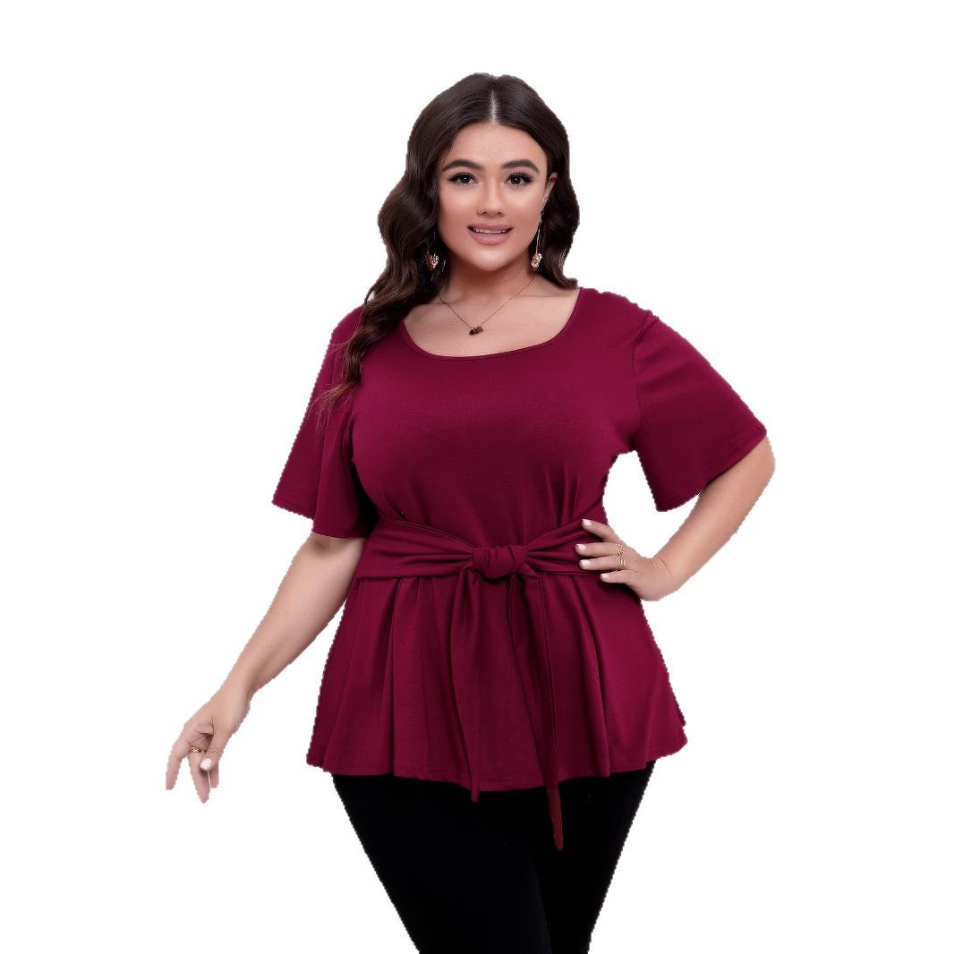 Cross-border plus size women's clothing simple short-sleeved round neck belt slimming tops T-shirts