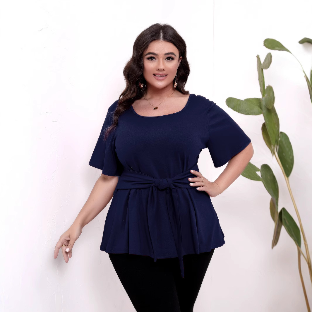 Cross-border plus size women's clothing simple short-sleeved round neck belt slimming tops T-shirts