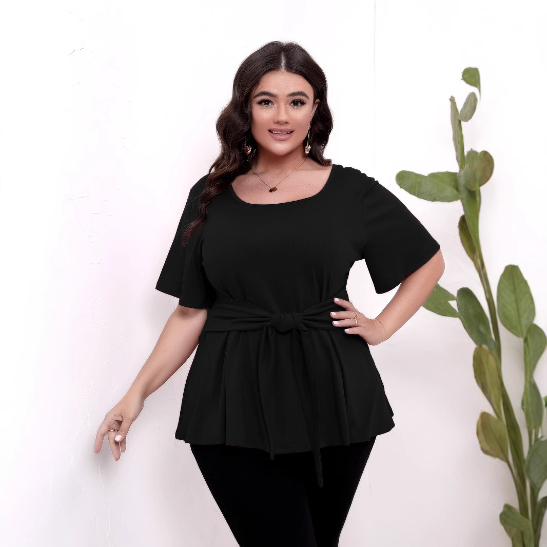 Cross-border plus size women's clothing simple short-sleeved round neck belt slimming tops T-shirts
