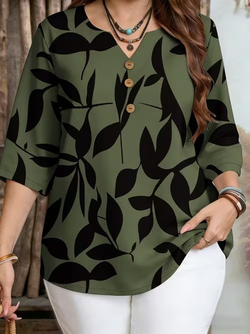 Independent Station Foreign Trade Large Size Printed T-Shirt Temperament Summer New V-Neck Top Loose Retro Digital Printed Top