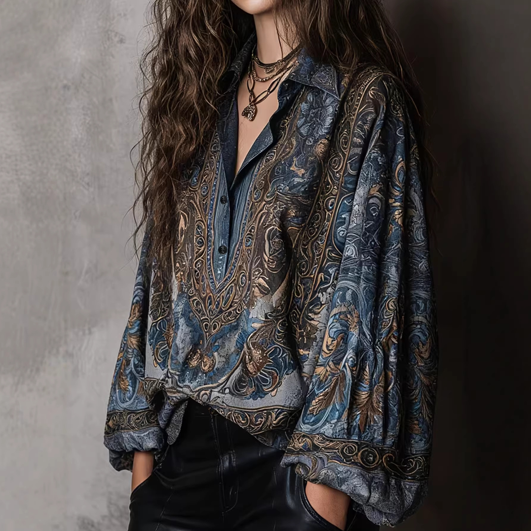  V-neck print loose fleshy high vintage long sleeve top