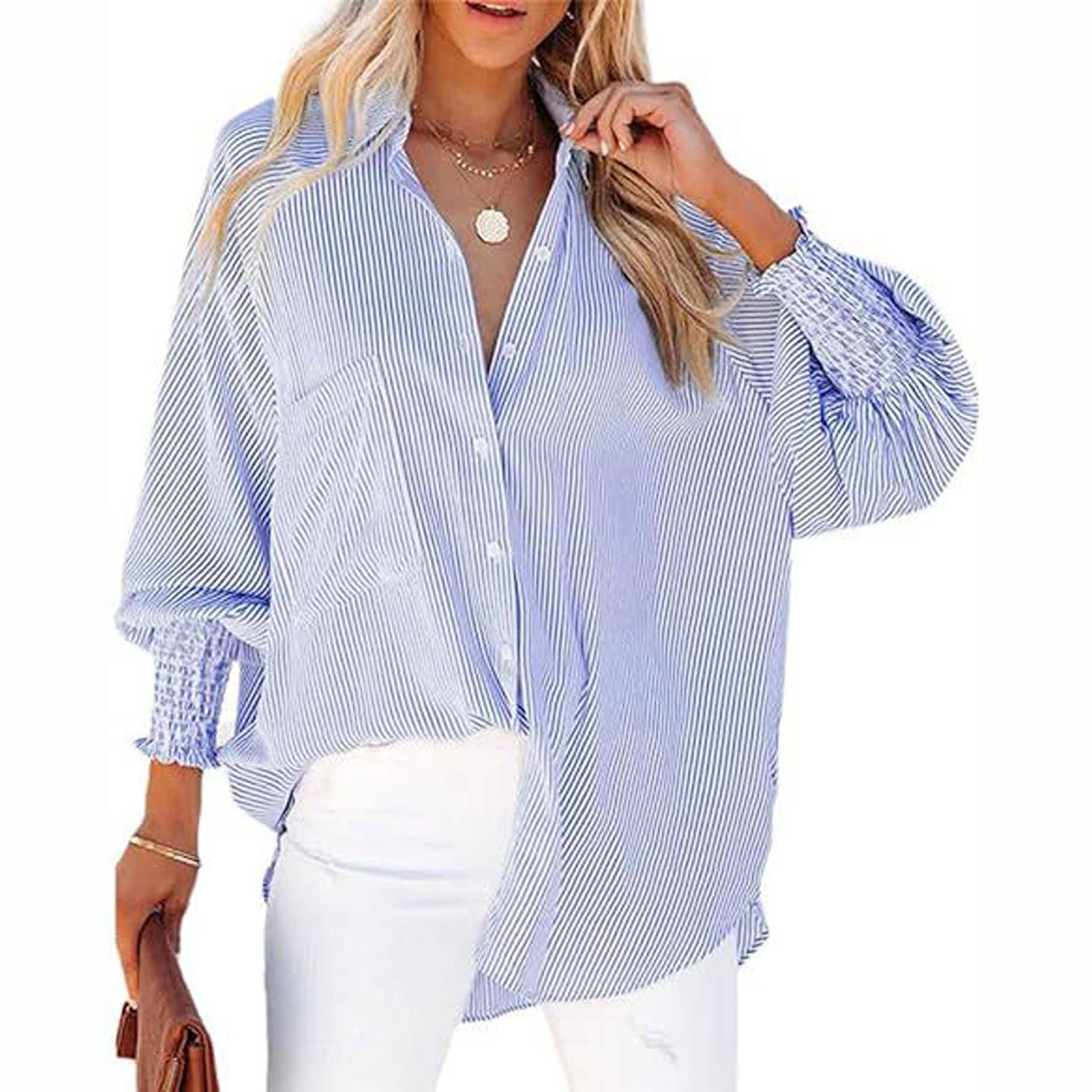 Striped Long-Sleeved Loose Shirt Casual Women'S New Style Pocket Shirt Top