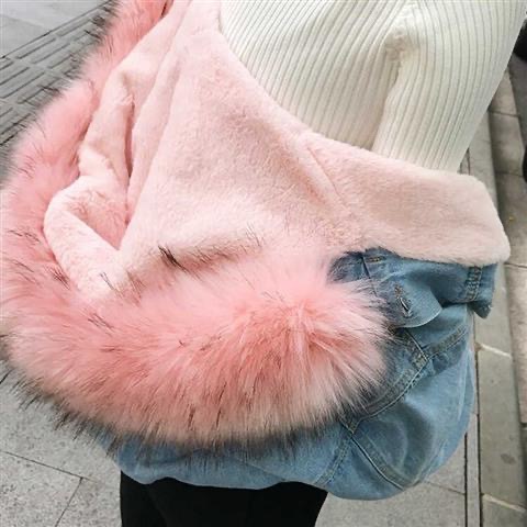 Spot short coat cotton coat 2026 winter fleece new cotton loose Korean denim fur collar thick jacket women