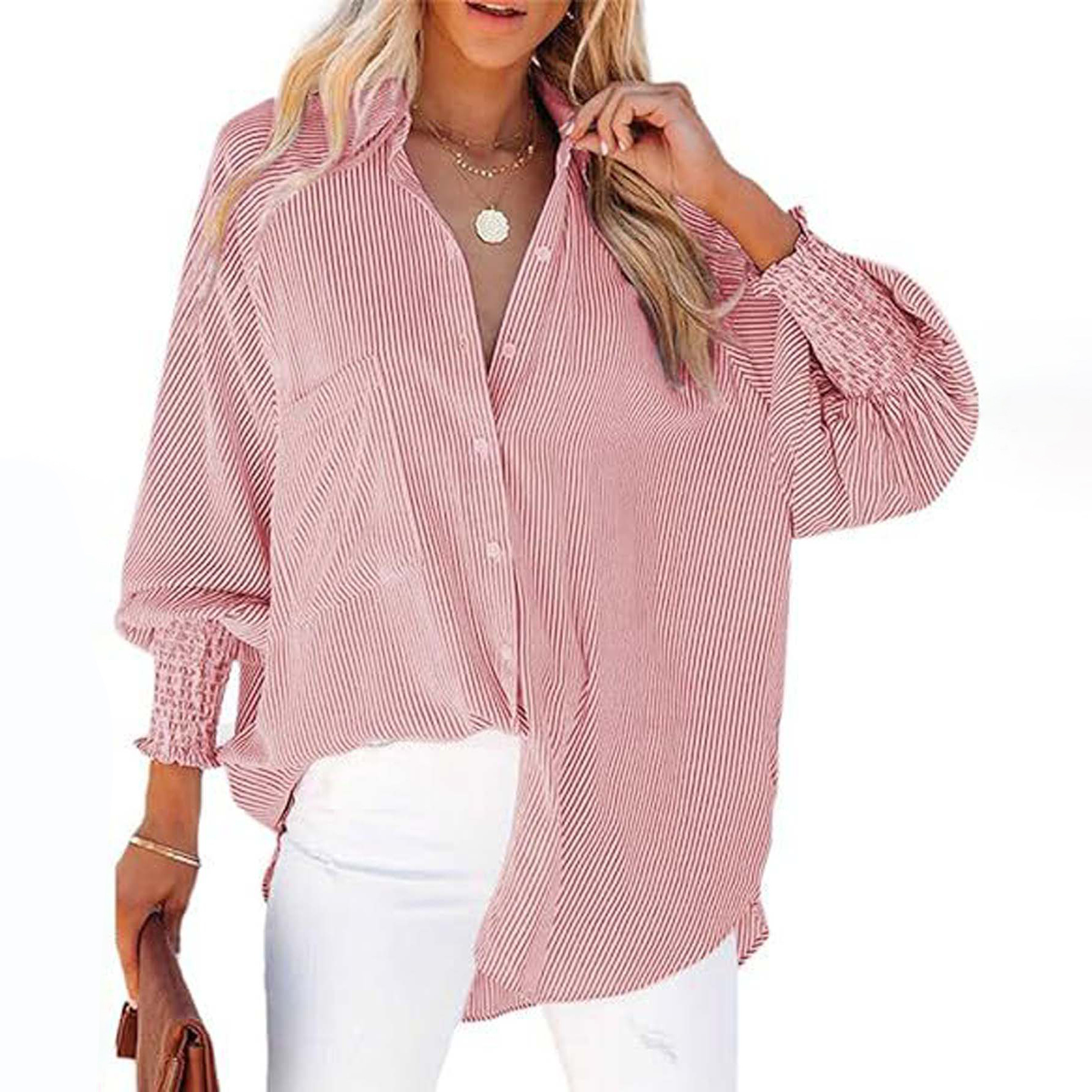 Striped Long-Sleeved Loose Shirt Casual Women'S New Style Pocket Shirt Top