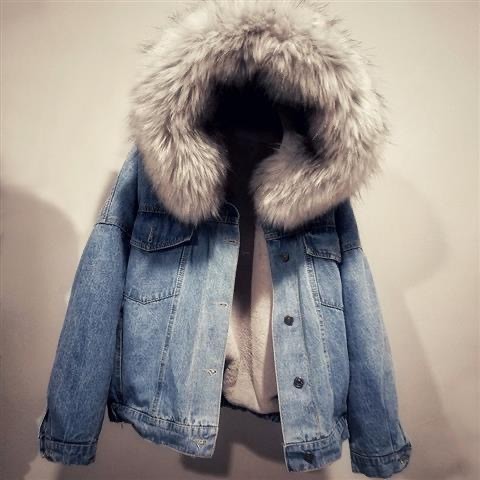 Spot short coat cotton coat 2026 winter fleece new cotton loose Korean denim fur collar thick jacket women