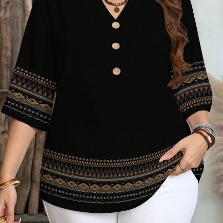Independent Station Foreign Trade Large Size Printed T-Shirt Temperament Summer New V-Neck Top Loose Retro Digital Printed Top