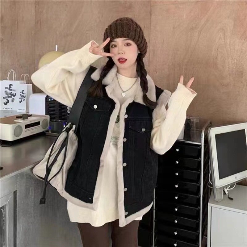 Spot short coat cotton coat 2026 winter fleece new cotton loose Korean denim fur collar thick jacket women
