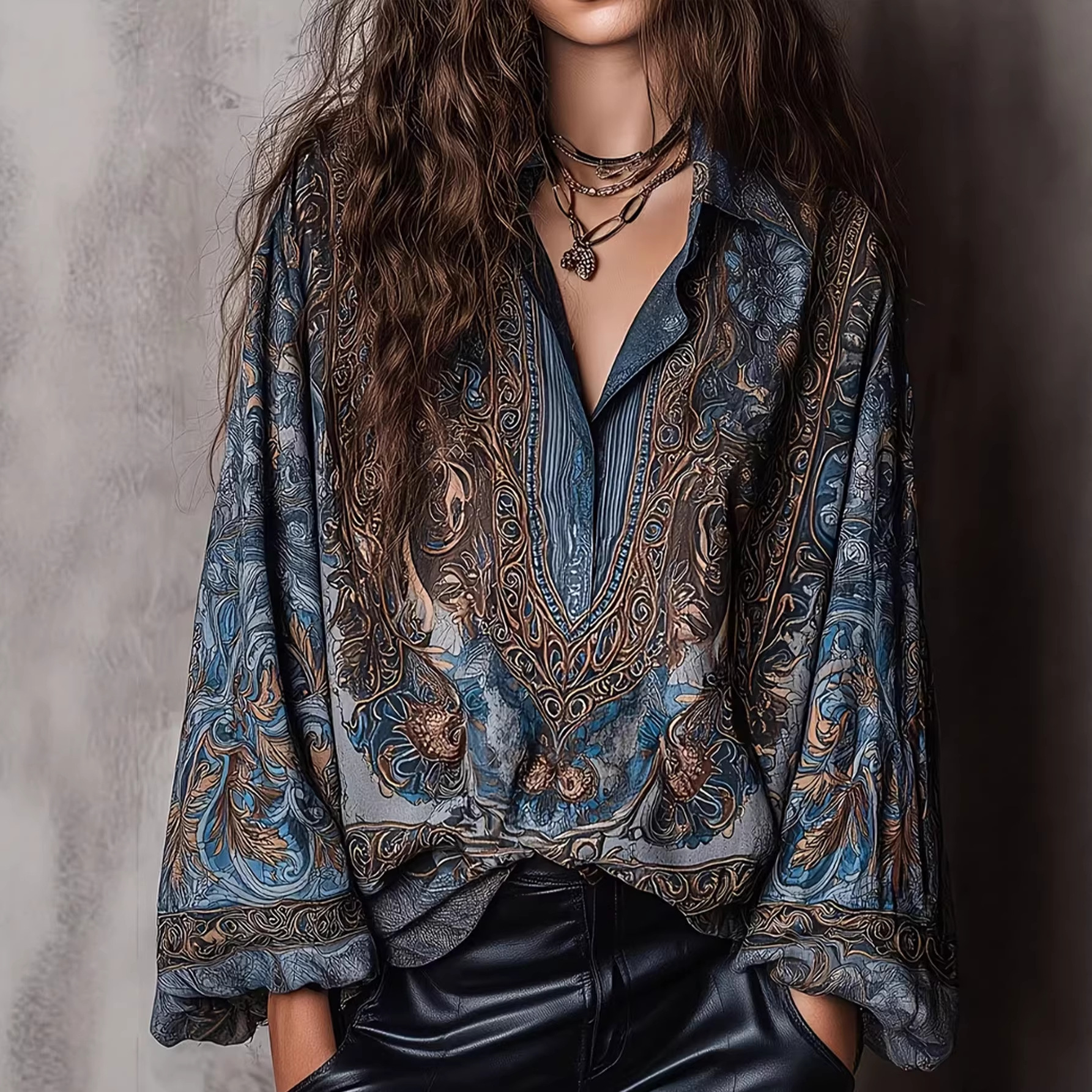  V-neck print loose fleshy high vintage long sleeve top