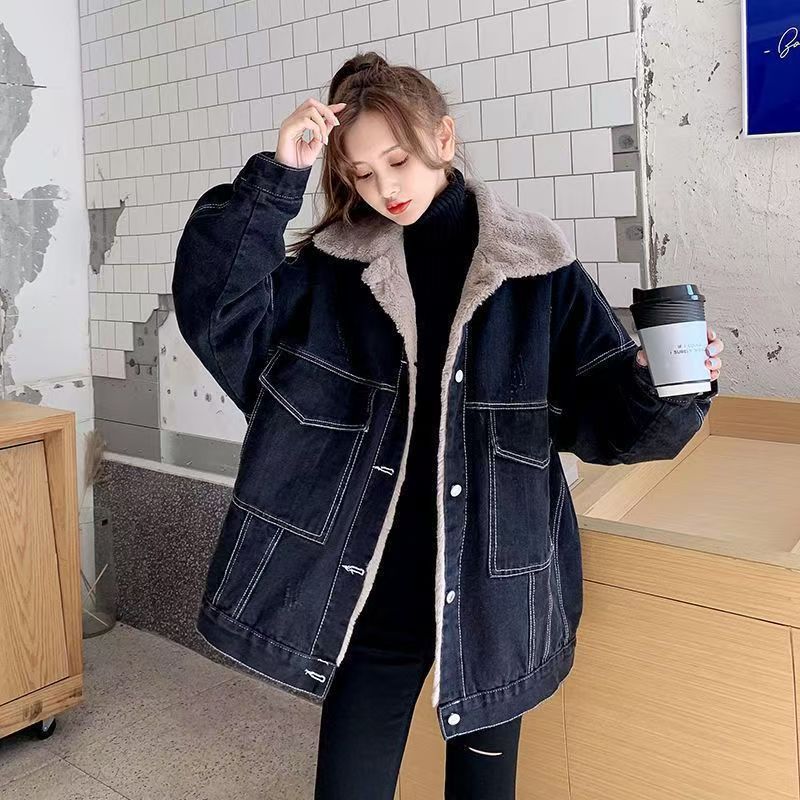 Spot short coat cotton coat 2026 winter fleece new cotton loose Korean denim fur collar thick jacket women