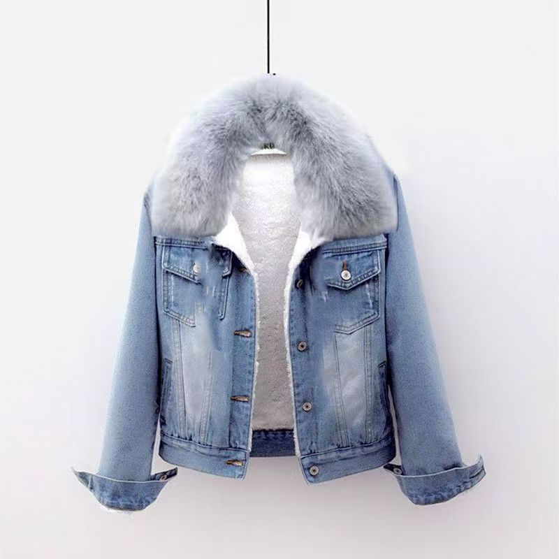 Spot short coat cotton coat 2026 winter fleece new cotton loose Korean denim fur collar thick jacket women