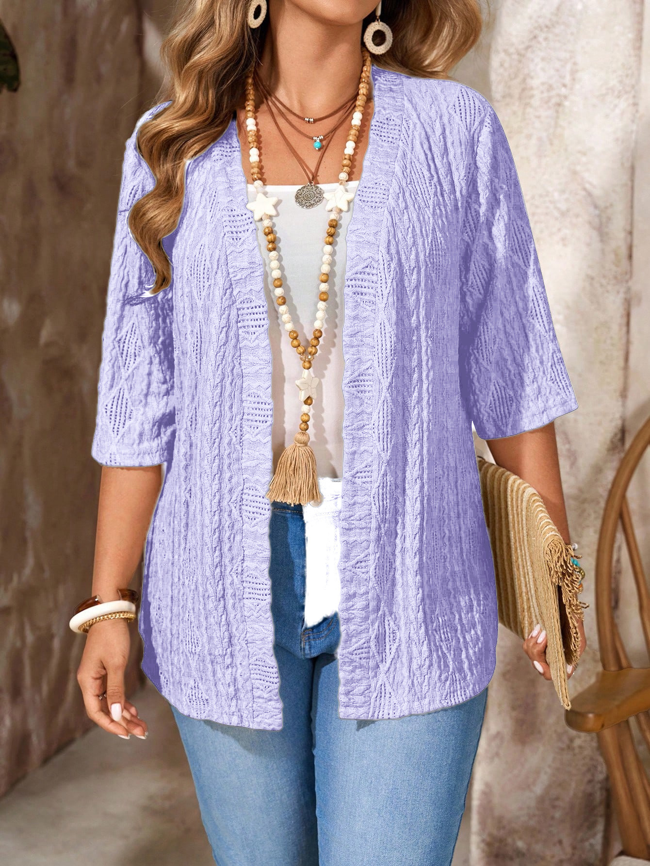 spring and autumn women's large casual hollowed-out cardigan solid color top