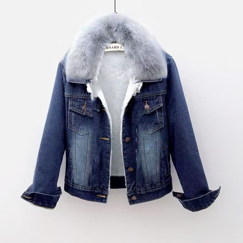 Spot short coat cotton coat 2026 winter fleece new cotton loose Korean denim fur collar thick jacket women