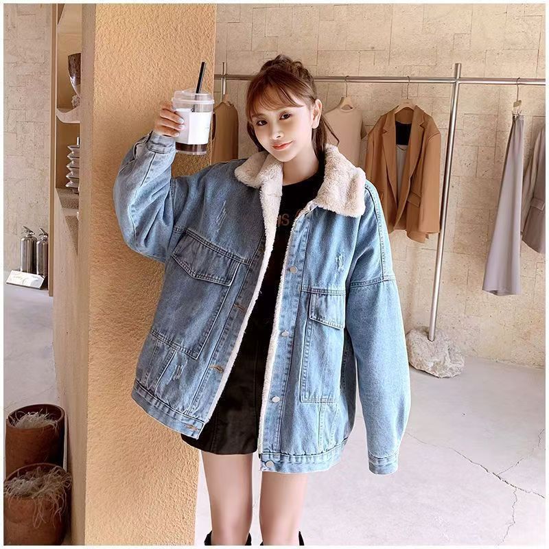 Spot short coat cotton coat 2026 winter fleece new cotton loose Korean denim fur collar thick jacket women