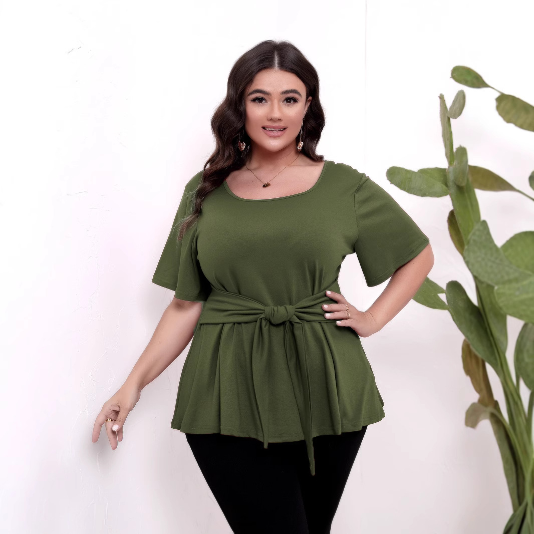 Cross-border plus size women's clothing simple short-sleeved round neck belt slimming tops T-shirts
