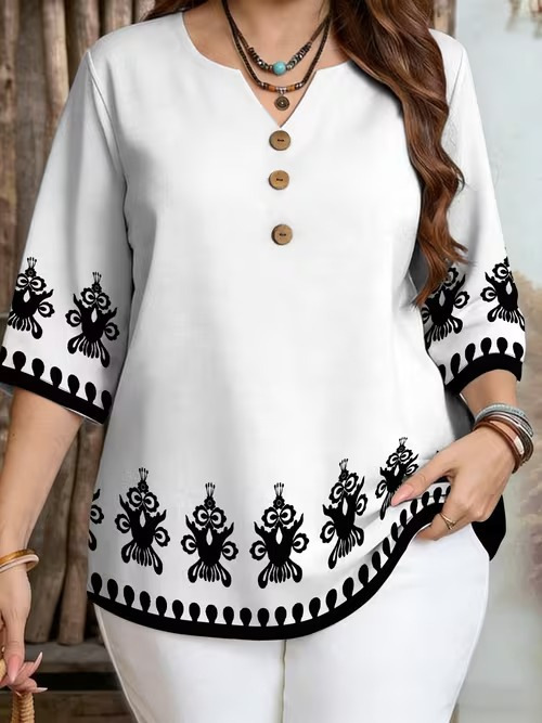 Independent Station Foreign Trade Large Size Printed T-Shirt Temperament Summer New V-Neck Top Loose Retro Digital Printed Top