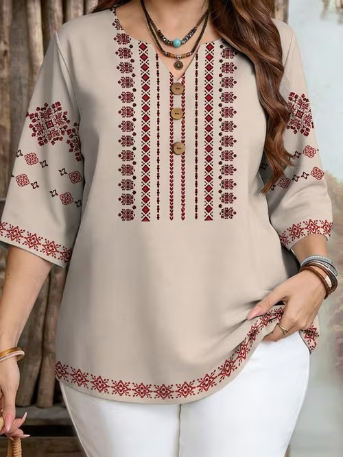 Independent Station Foreign Trade Large Size Printed T-Shirt Temperament Summer New V-Neck Top Loose Retro Digital Printed Top