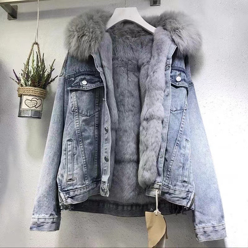 Spot short coat cotton coat 2026 winter fleece new cotton loose Korean denim fur collar thick jacket women