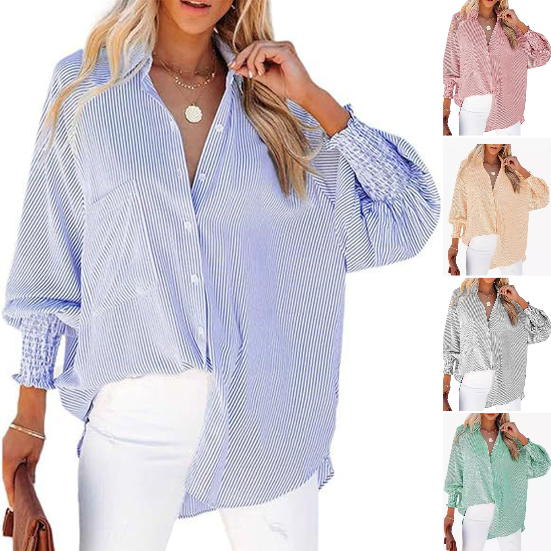 Striped Long-Sleeved Loose Shirt Casual Women'S New Style Pocket Shirt Top