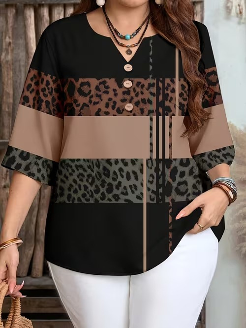 Independent Station Foreign Trade Large Size Printed T-Shirt Temperament Summer New V-Neck Top Loose Retro Digital Printed Top