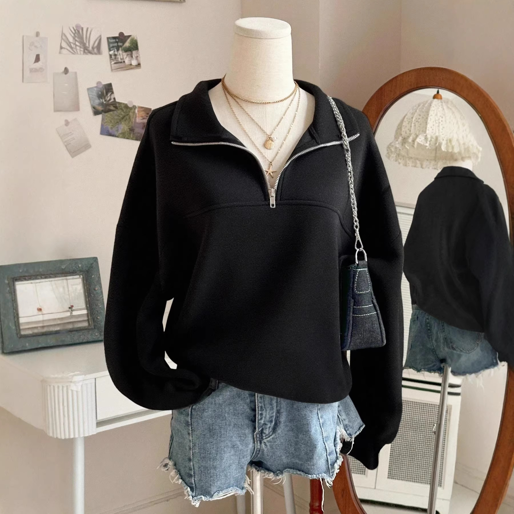 Women's Casual Comfortable Solid-Color Half-Zip Collared Sweatshirt