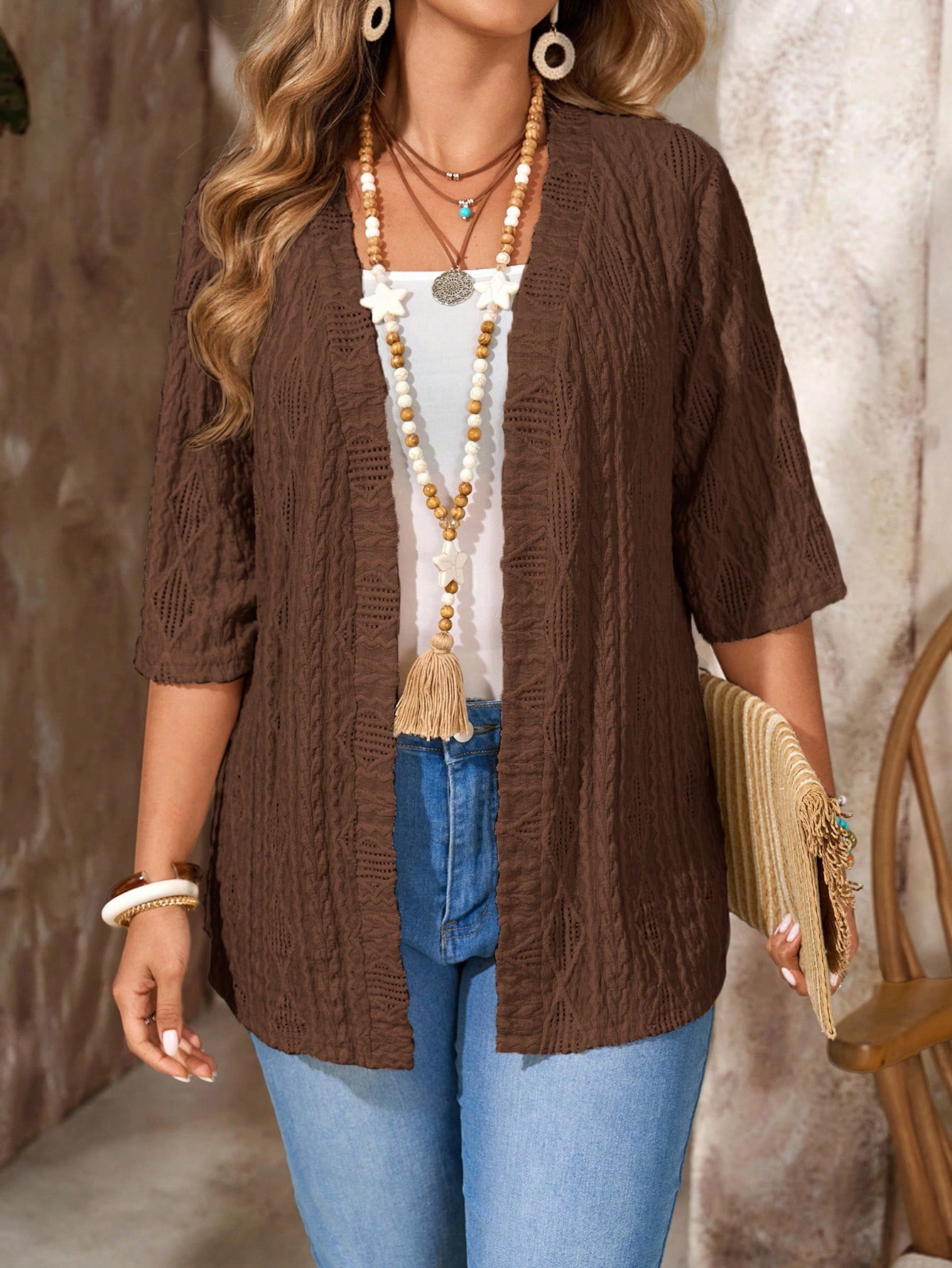 spring and autumn women's large casual hollowed-out cardigan solid color top