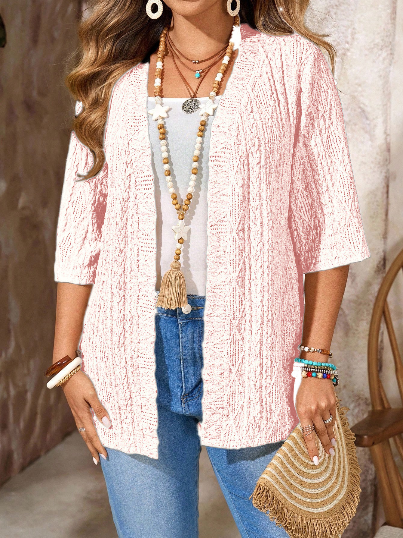 spring and autumn women's large casual hollowed-out cardigan solid color top