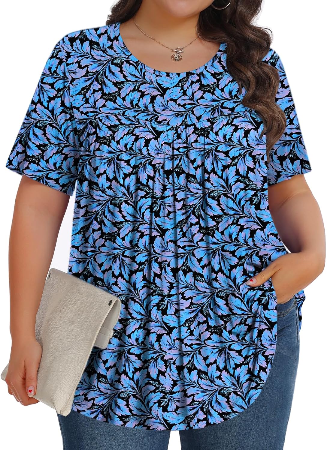 【Best Selling】Womens Plus Size Tops Tunic Short Sleeve Crew Neck Shirts Casual Soft Blouse M-5X