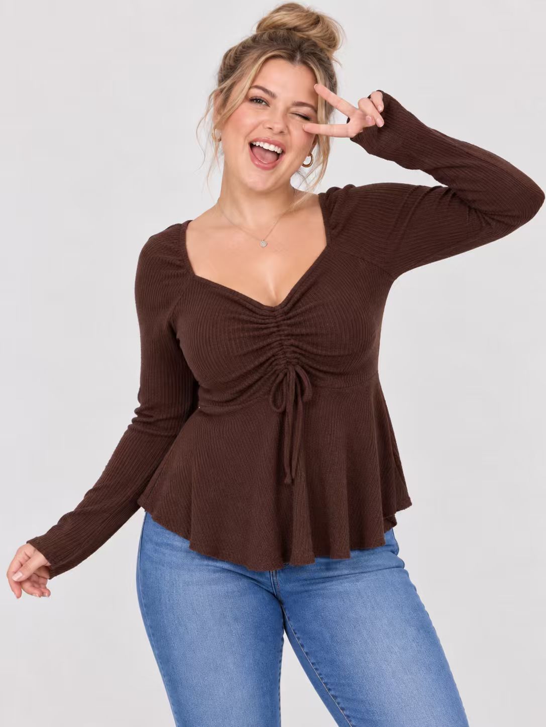 Elegant Drawstring Long Sleeve T-Shirt Women Fall New Design V-Neck Slim Clavicle Top