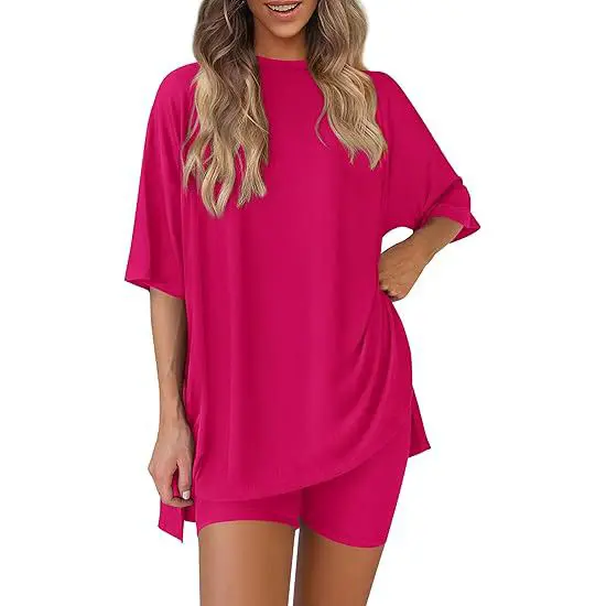 Women's 2026 Summer Minimalist Basic Suits, Two-Piece Set For Women Round Neck Oversized Shirt & Fitted Shorts Matching Clothing Set, Plus Size Split Hem Clothes for Airport Travel & Lounge, Crewneck  pretty girl sets