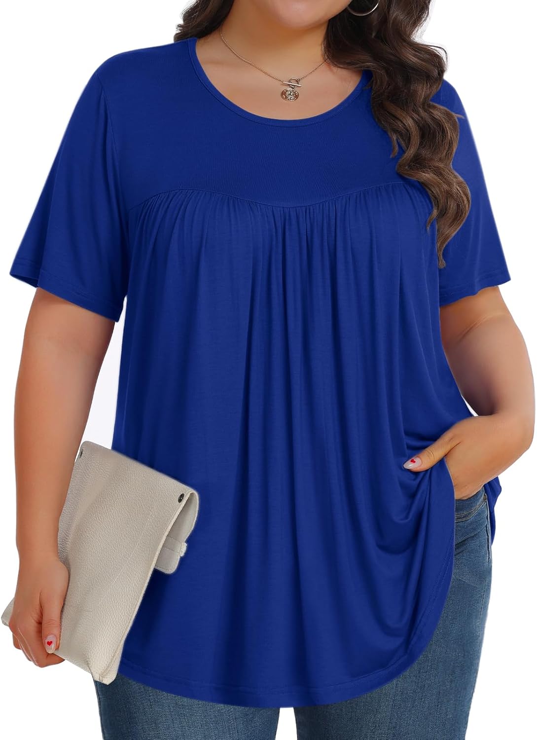 【Best Selling】Womens Plus Size Tops Tunic Short Sleeve Crew Neck Shirts Casual Soft Blouse M-5X