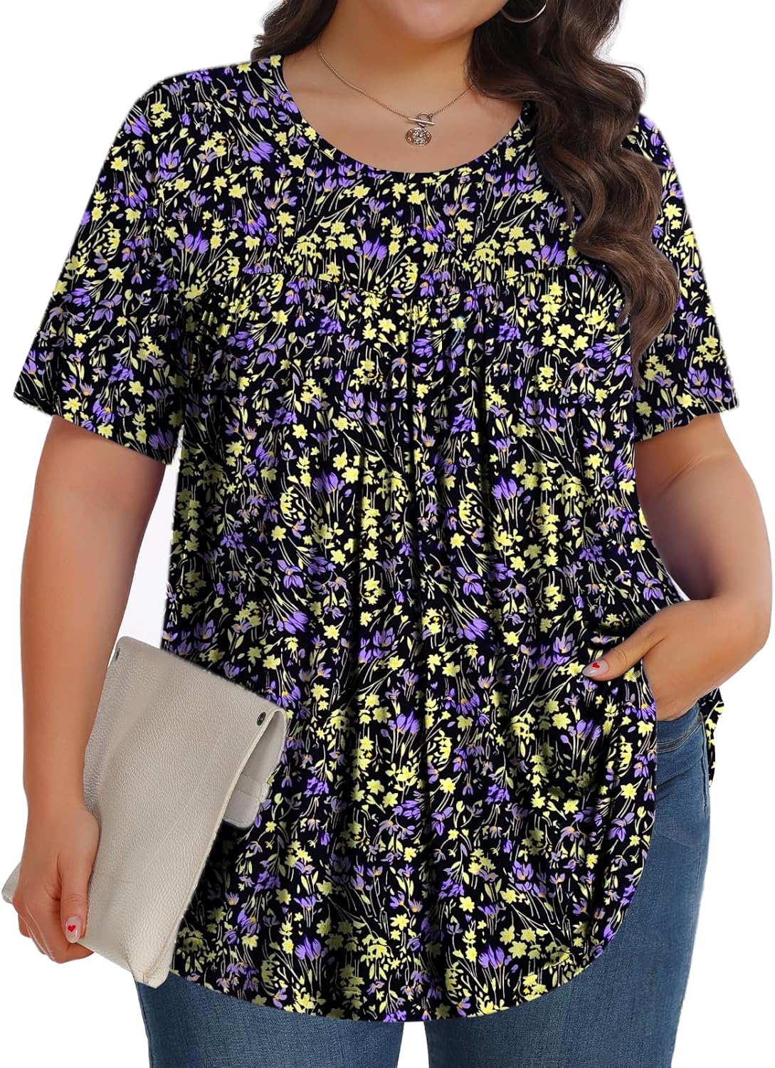 【Best Selling】Womens Plus Size Tops Tunic Short Sleeve Crew Neck Shirts Casual Soft Blouse M-5X