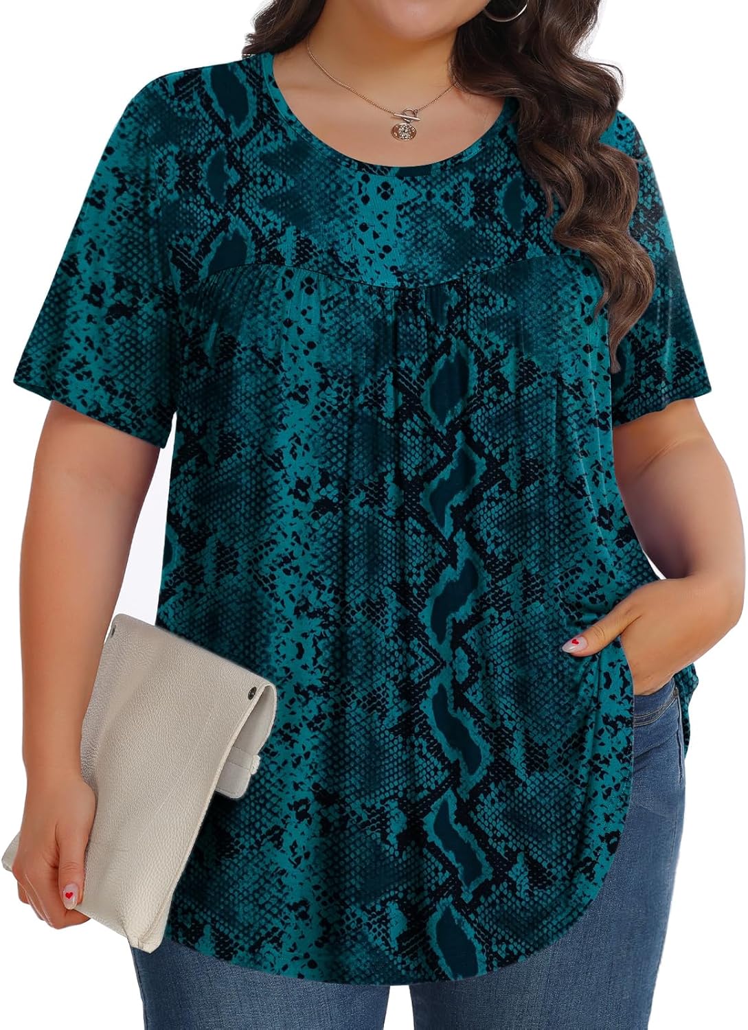 【Best Selling】Womens Plus Size Tops Tunic Short Sleeve Crew Neck Shirts Casual Soft Blouse M-5X