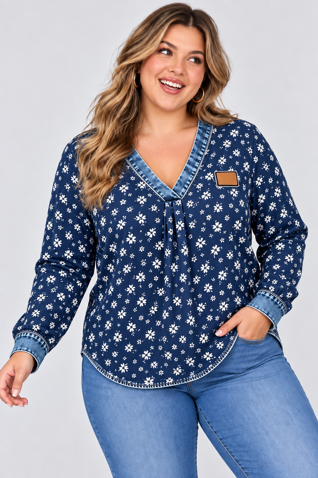 V-Neck Casual Checkered Print Long-Sleeve Top