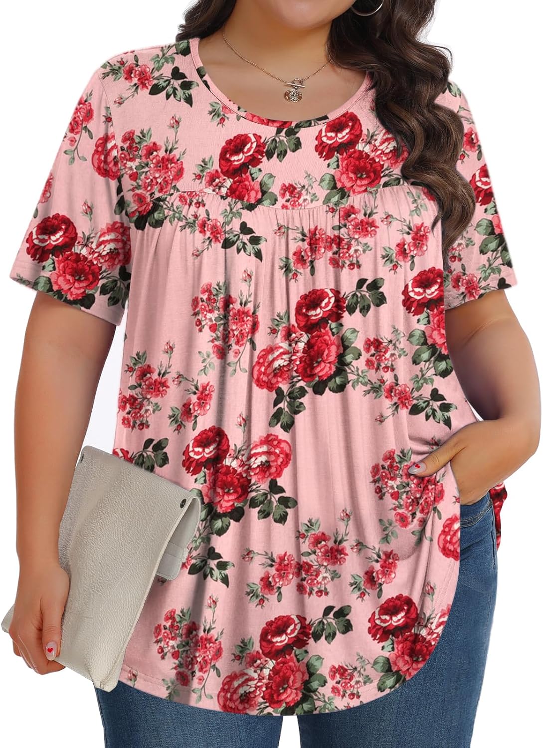 【Best Selling】Womens Plus Size Tops Tunic Short Sleeve Crew Neck Shirts Casual Soft Blouse M-5X