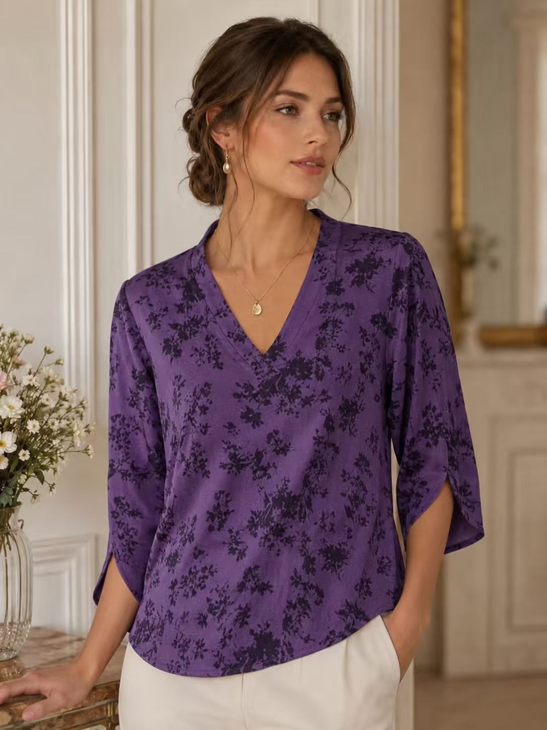 Women'S Elegant V-Neck Long Shirt - 3/4 Sleeves Random Floral
