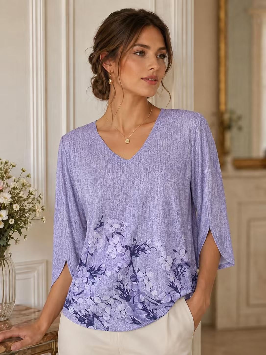 Women'S Elegant V-Neck Long Shirt - 3/4 Sleeves Random Floral