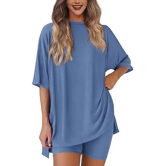Women's 2026 Summer Minimalist Basic Suits, Two-Piece Set For Women Round Neck Oversized Shirt & Fitted Shorts Matching Clothing Set, Plus Size Split Hem Clothes for Airport Travel & Lounge, Crewneck  pretty girl sets