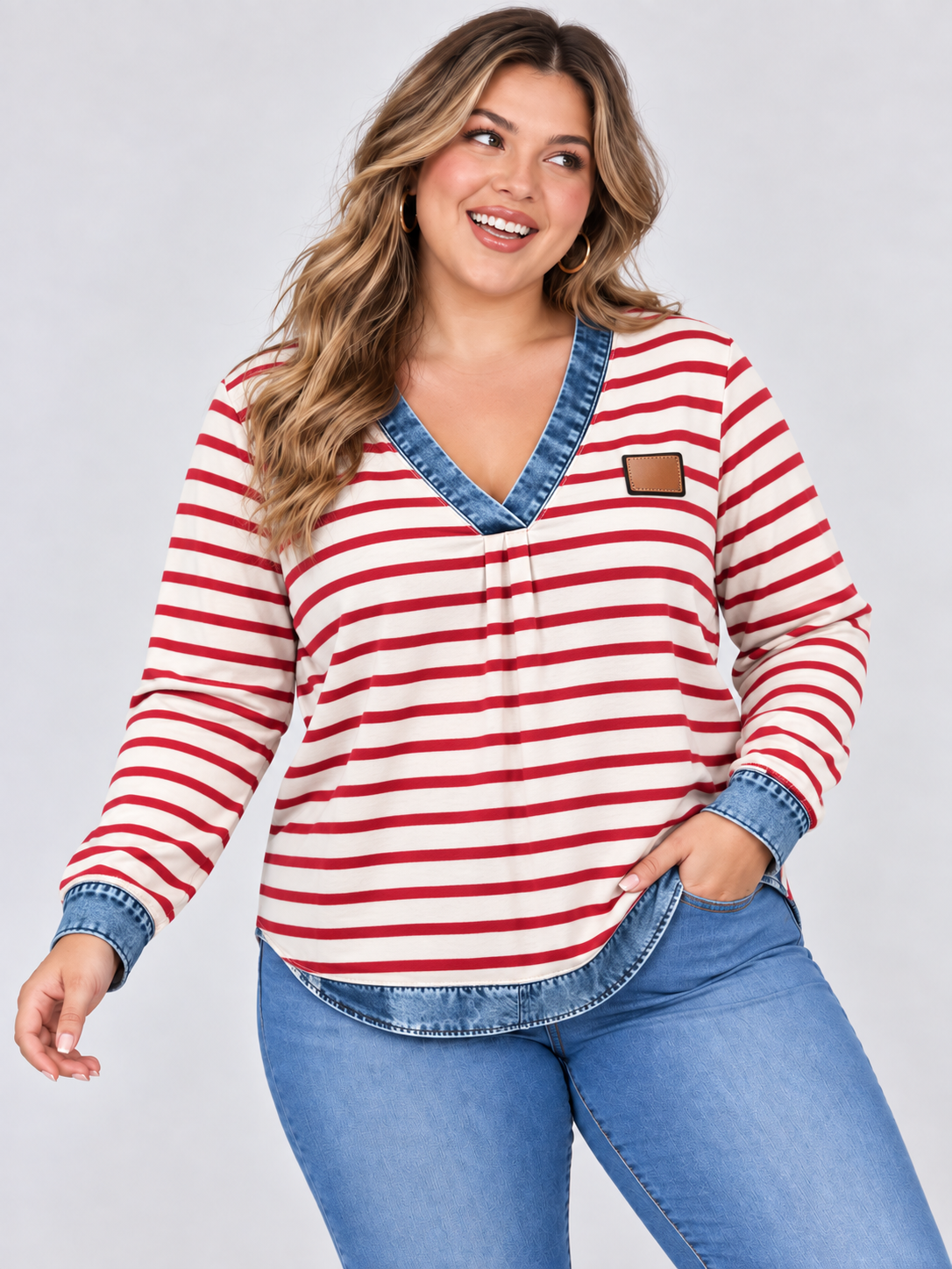 V-Neck Casual Checkered Print Long-Sleeve Top