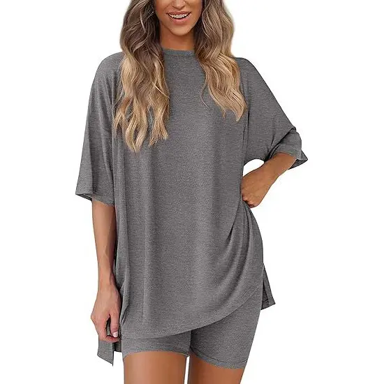 Women's 2026 Summer Minimalist Basic Suits, Two-Piece Set For Women Round Neck Oversized Shirt & Fitted Shorts Matching Clothing Set, Plus Size Split Hem Clothes for Airport Travel & Lounge, Crewneck  pretty girl sets
