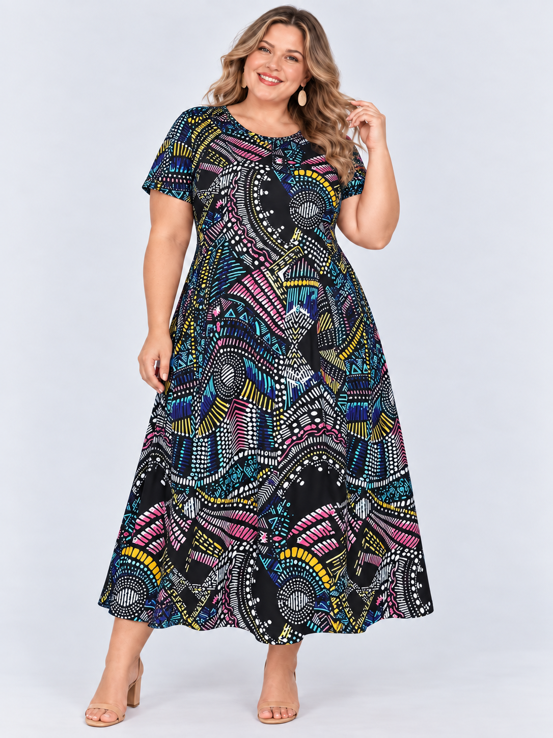 Printed loose pocket casual short sleeve women's dress