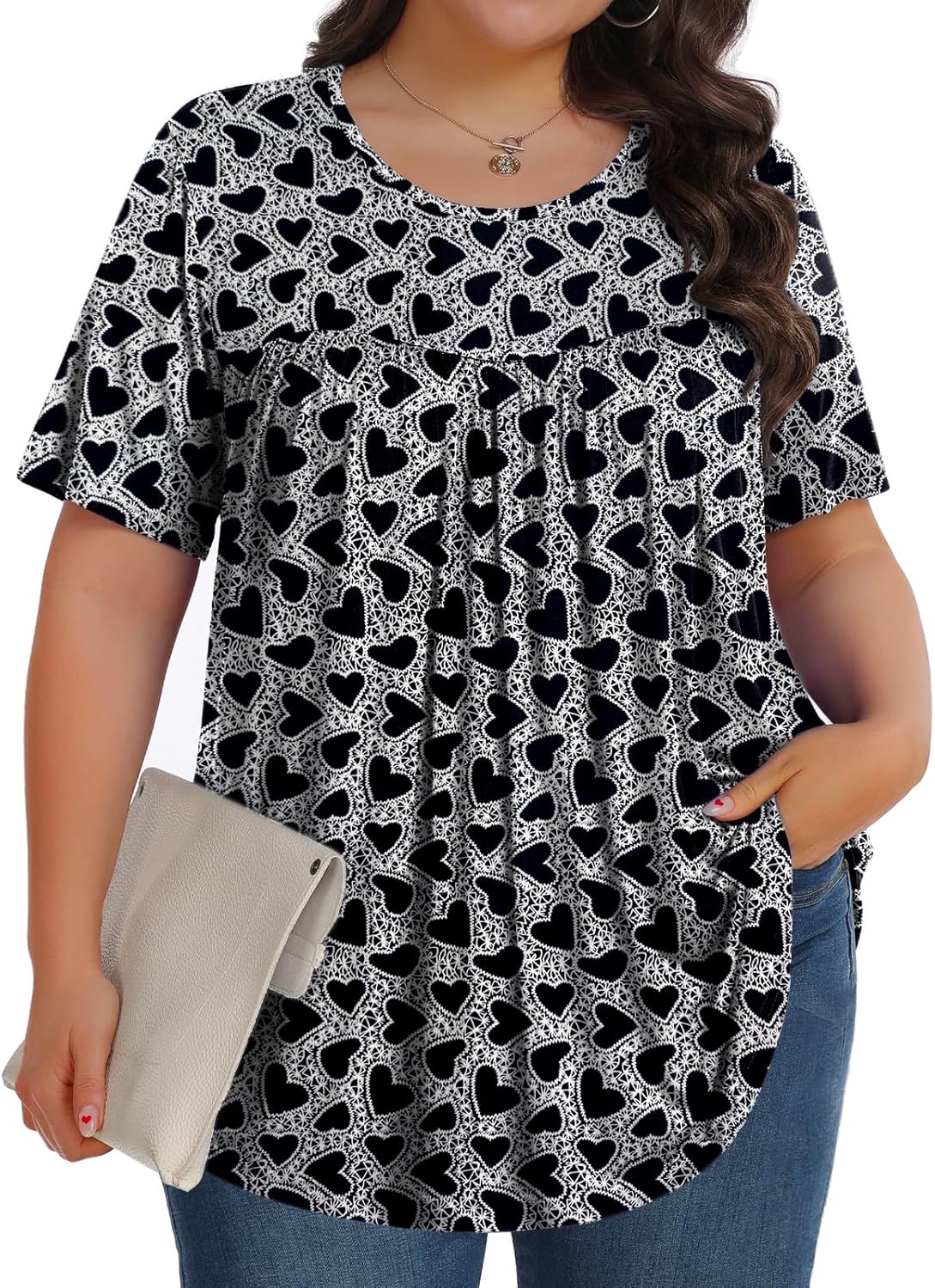 【Best Selling】Womens Plus Size Tops Tunic Short Sleeve Crew Neck Shirts Casual Soft Blouse M-5X