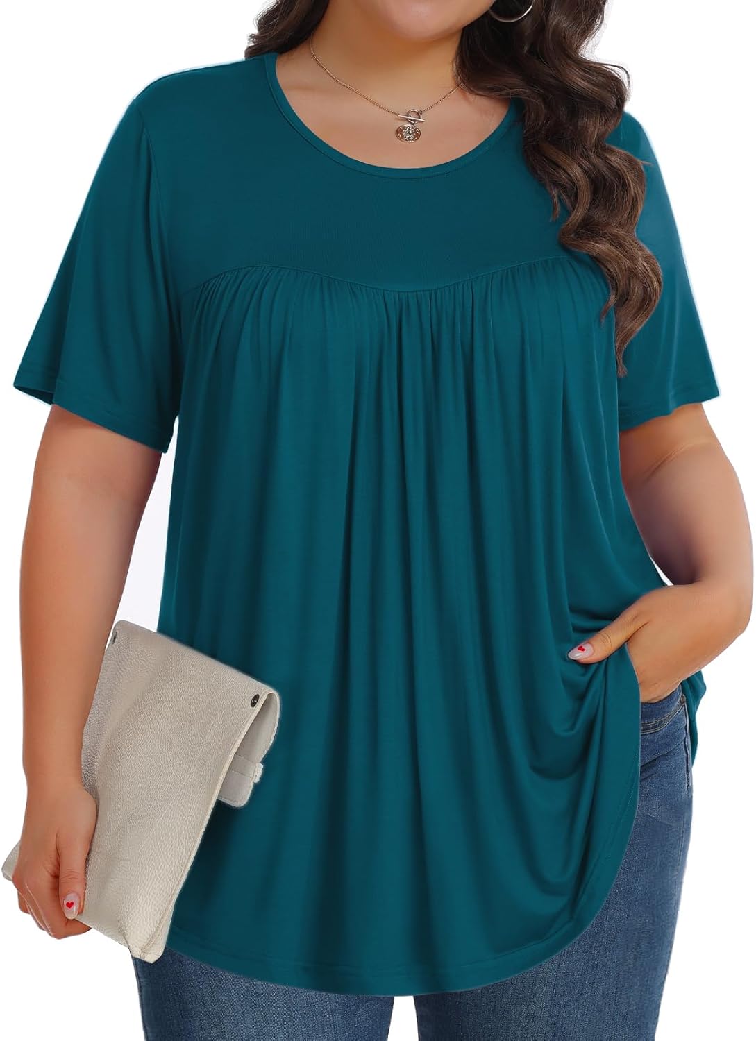 【Best Selling】Womens Plus Size Tops Tunic Short Sleeve Crew Neck Shirts Casual Soft Blouse M-5X