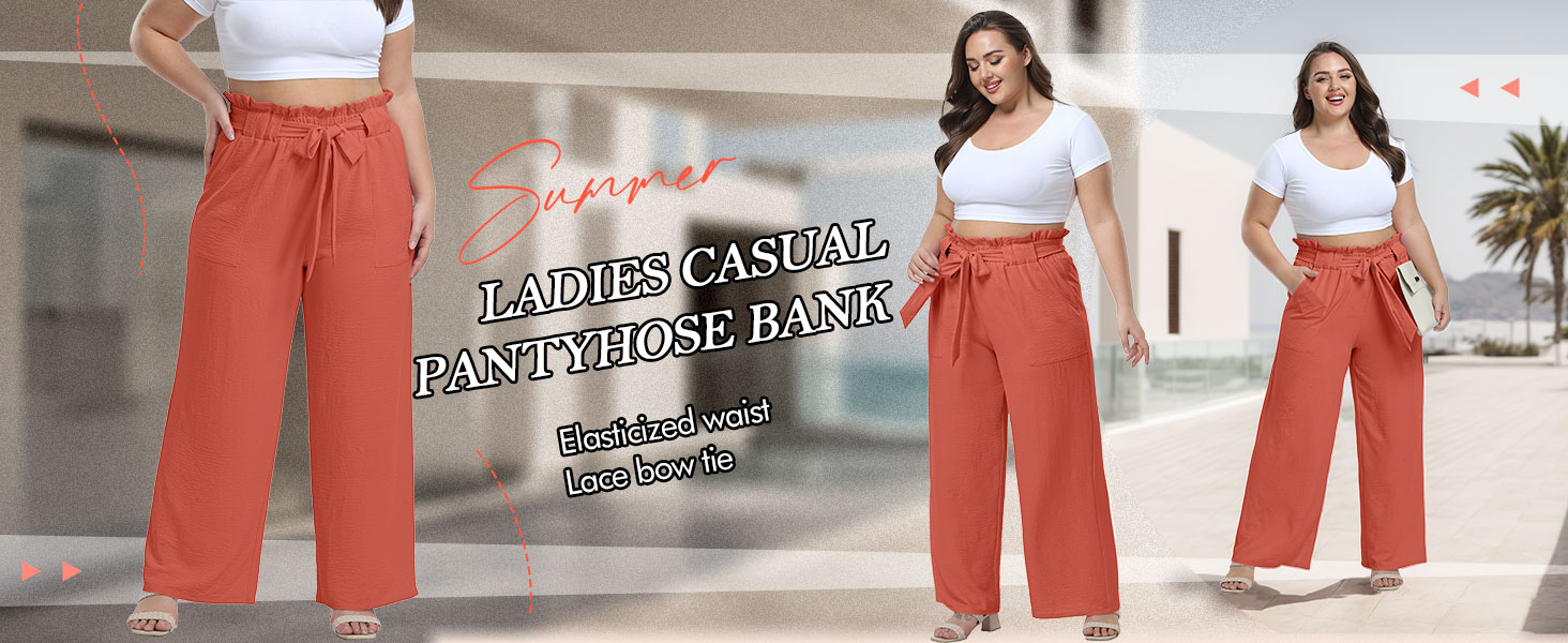 Women Plus Size Pants Elegant Palazzo Pants High Waisted Wide Leg Belted Trousers with Pockets