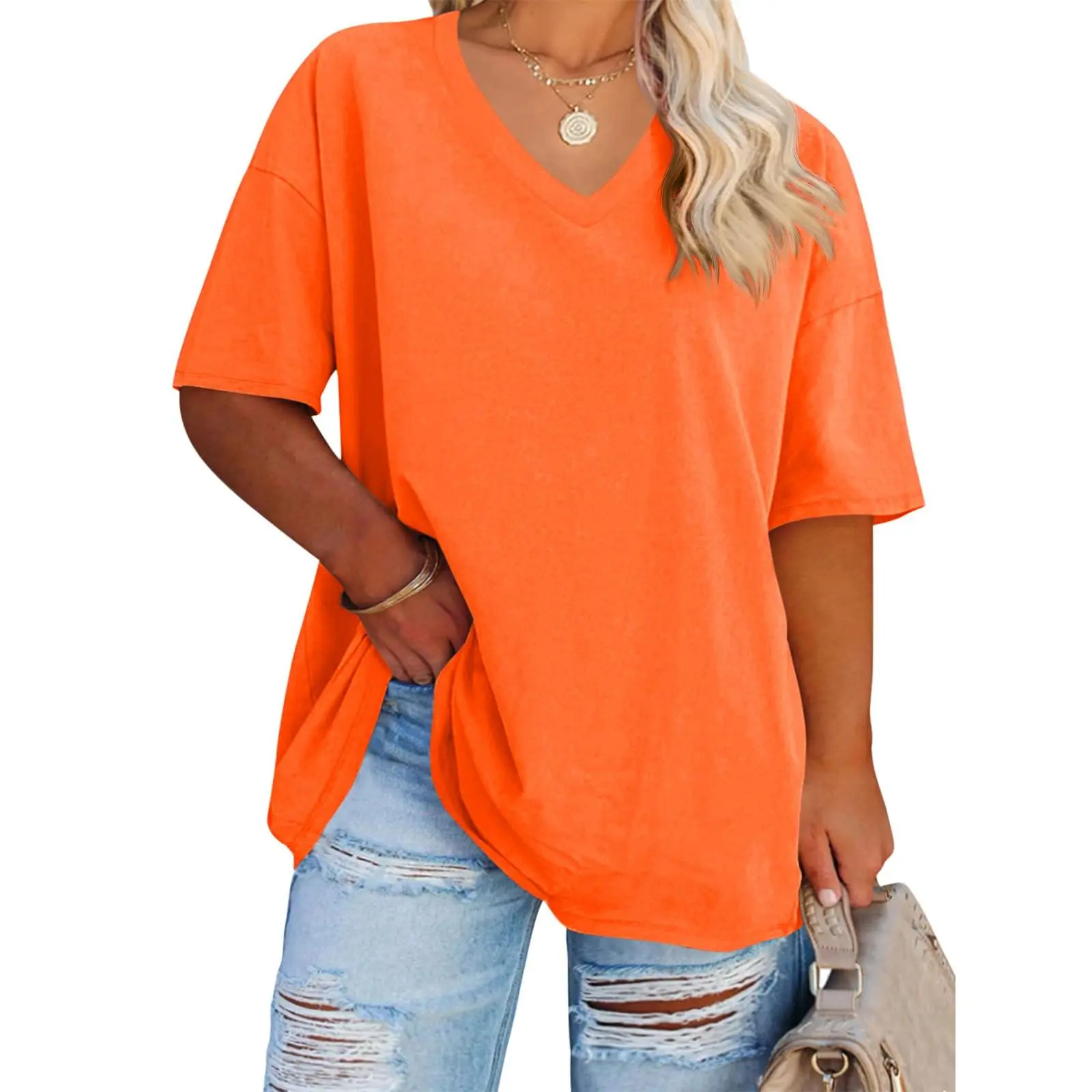 Women's Plus Size V Neck T Shirts Summer Half Sleeve Tees Casual Loose Fit Cotton Tunic Tops