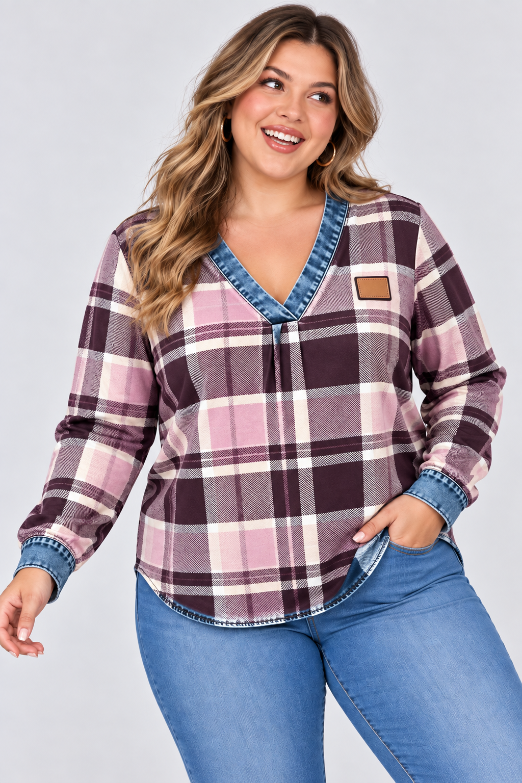 V-Neck Casual Checkered Print Long-Sleeve Top