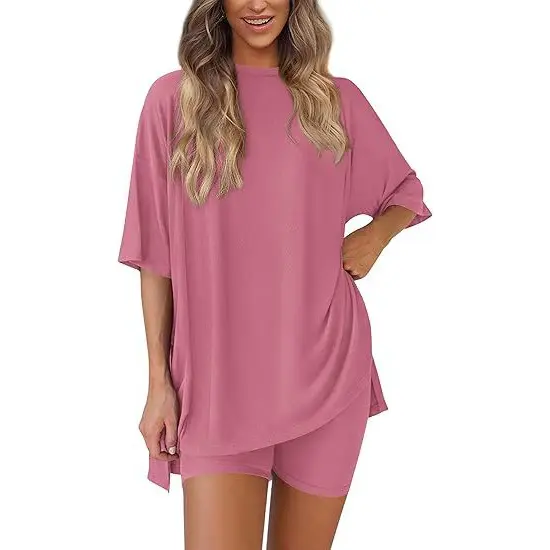 Women's 2026 Summer Minimalist Basic Suits, Two-Piece Set For Women Round Neck Oversized Shirt & Fitted Shorts Matching Clothing Set, Plus Size Split Hem Clothes for Airport Travel & Lounge, Crewneck  pretty girl sets