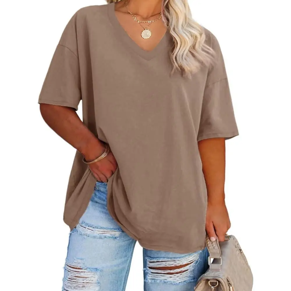 Women's Plus Size V Neck T Shirts Summer Half Sleeve Tees Casual Loose Fit Cotton Tunic Tops